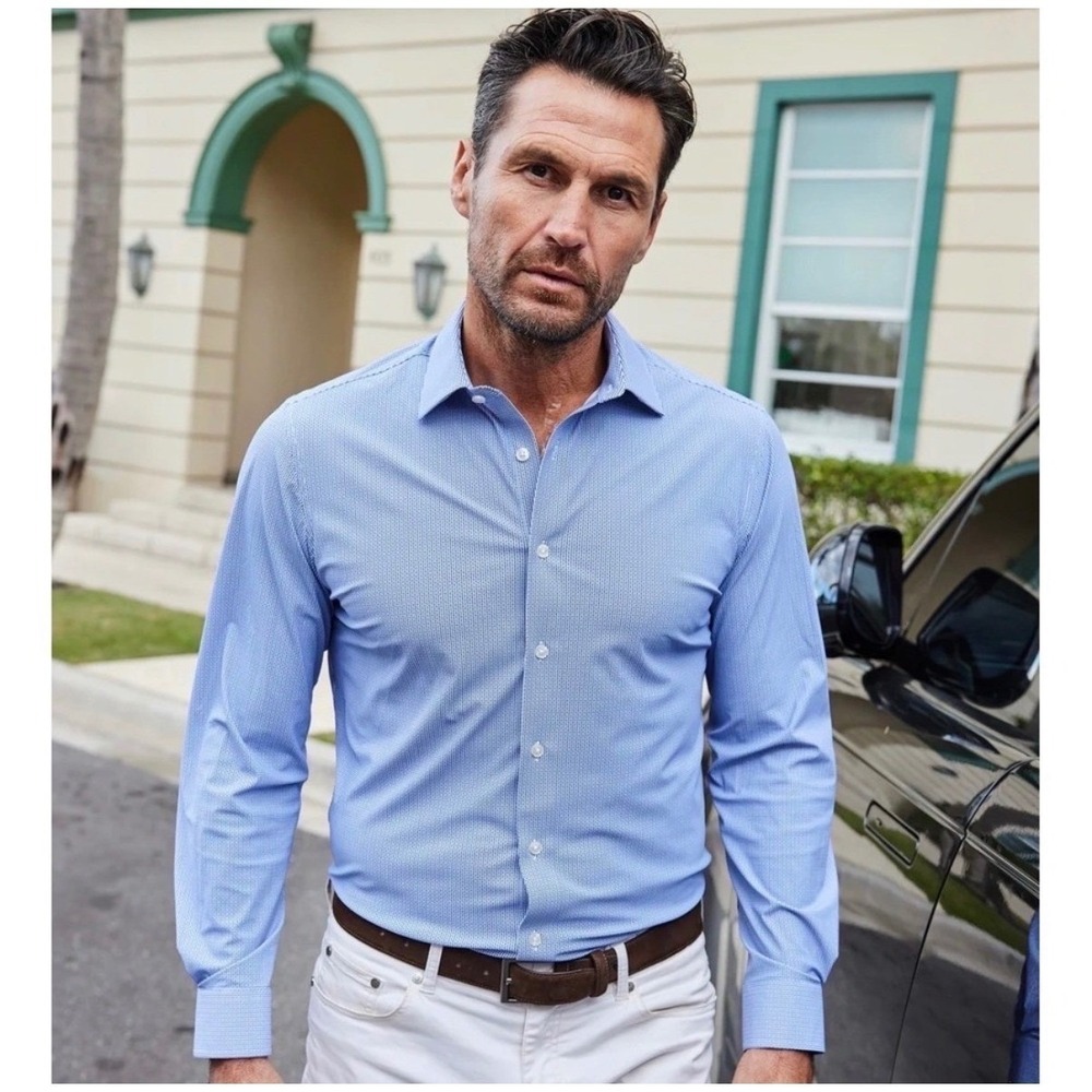 Collars & Co Mens Size LARGE Apex Dress Shirt Navy White Basketweave Stretch - Picture 10 of 10